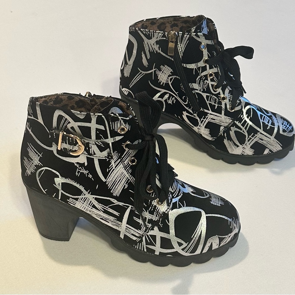 Stylish Black and White Velvet Women's Ankle Boots.